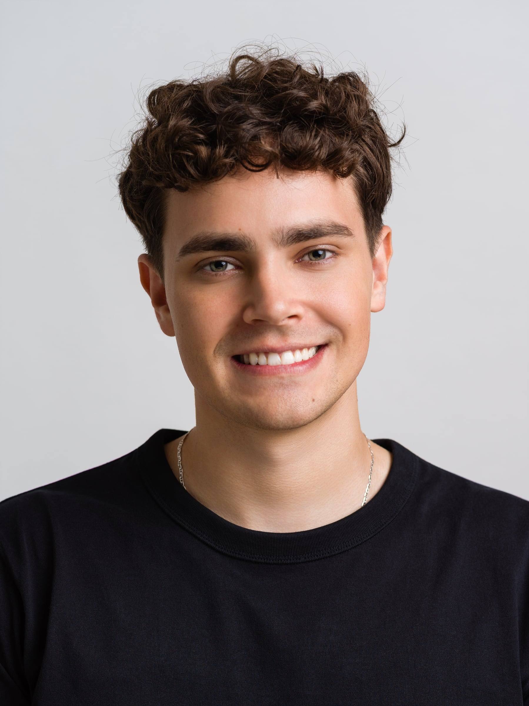 Jorge Tyrakowski in a black T-shirt and black jeans, smiling headshot